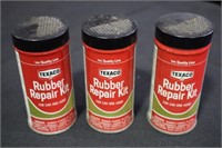 3 Texaco rubber repair kit tin cans with contents