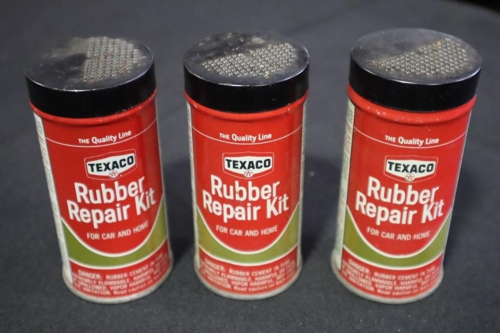 3 Texaco rubber repair kit tin cans with contents