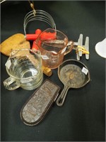Seven vintage kitchen items: three-spout