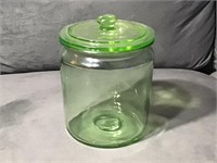 COVERED GREEN GLASS DEPRESSION JAR - VERY NICE