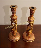 PAIR OF HAND DECORATED SYRIAN CANDLEHOLDERS