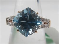 14K RG Blue Topaz & White Diamond Ring