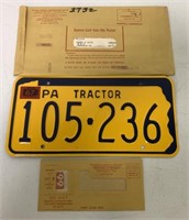 3 Items- PA Tractor Plate, Registration, Envelope