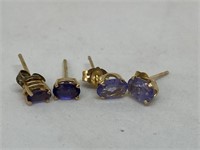 Two Pairs 14kt Gold & Stone Stud Earrings Hallmark