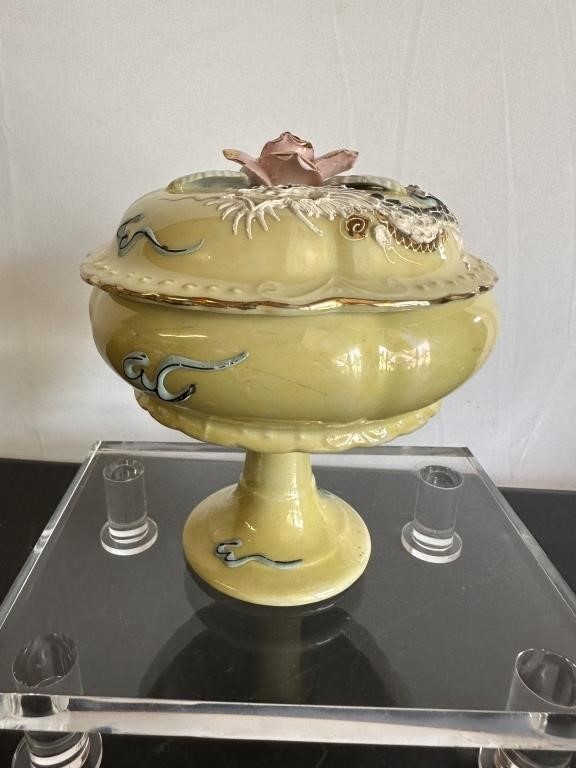 Antique Opalescent Covered Pedestal Candy Dish