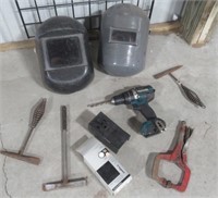 (2) Welding helmets, Makita 1/2" drill, welding