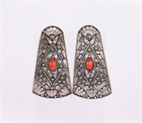Large Indian Sterling Silver & Coral Earrings