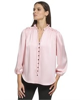 DKNY Women's 3/4sleeve Tieneck Buttonup Top,