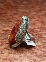 Sterling Silver .925 Oval Orange Stone Ring Size 9