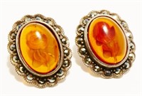 Vintage Sterling Silver & Amber Earrings 5.4g