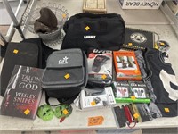 Group Lot of Bags, Ear Buds, Hat, Book, Misc