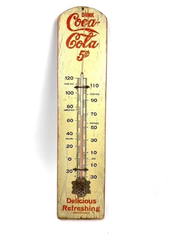 Vintage Wood Coca-Cola Ad Thermometer Sign