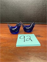 2 art glass cobalt blue birds 1 tail is broken