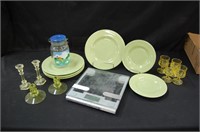 Scale, Plates, Yellow Glassware, Jar