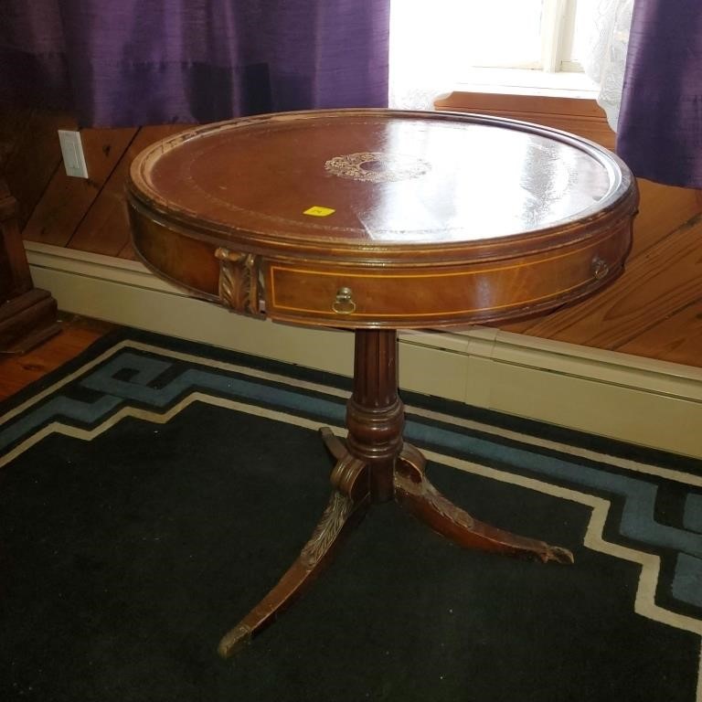 Antique Leather Top Round Lamp Table