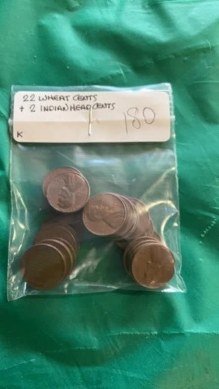 22 Wheat cents & 2 Indian head cents