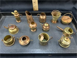 Selection of miniature brass and copper pots
