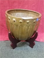 Brass planter in teakwood stand