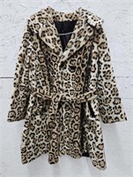 (F) Faux Leopard Fur Coat. Size Unknown.  Length