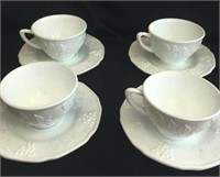 Grape Leaf Pattern Milk Glass Cups & Saucers