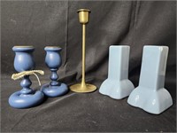 Lot of 5 Candle Holders (Brass, Wood, & Ceramic)