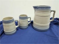 Blue & White Stoneware Pitcher & 2 mugs