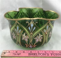 Hand Blown Green Glass Hand Painted Bowl