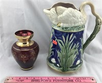 Majolica Swan Pitcher & Venetian Glass Vase