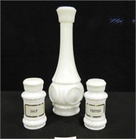 Milk Glass Vase; Salt & Pepper Set - White Glass