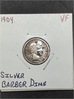 1904 Barber Silver Dime coin marked VF