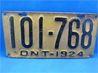 1924 Ontario License Plate Vintage Car Tag Canada