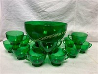 Vtg Anchor Hocking emerald glass punch bowl set