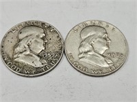 2- 1959 D Franklin Silver Half Dollar Coins