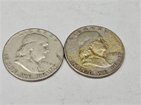2- 1950 Franklin Silver Half Dollar Coins