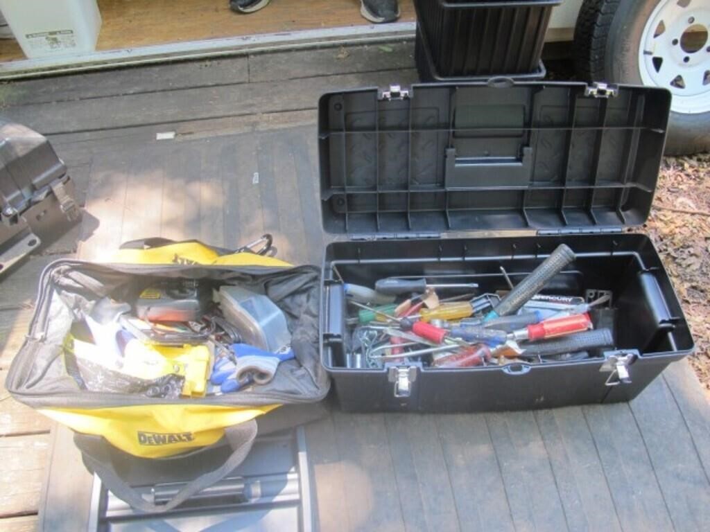 TOOL BOX FULL OF TOOLS AND DEWALT BAG