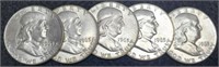 (5) Silver Franklin Half Dollars