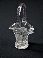 Vintage Etched Flower Glass Basket Vase 7"