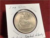 1oz SILVER SEATED LIBERTY COMMEMM. ROUND