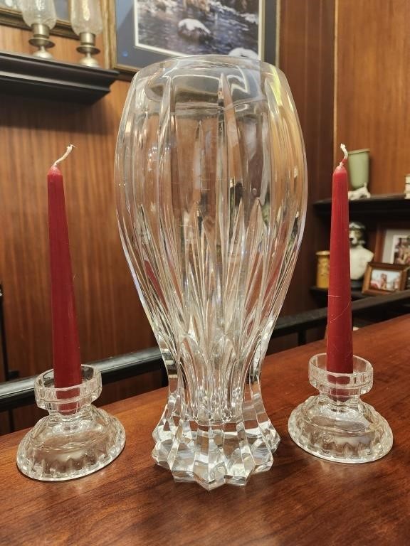 Etched Lead Crystal Vase & Candle Holders