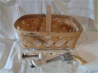 Vintage Door Knobs & Toy Gun in Basket
