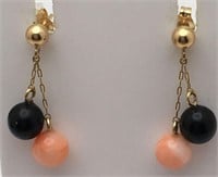 14k Gold Earrings W Pink & Black Stones