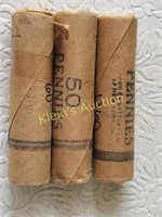 rare 3 rolls of lincoln cents 1960! orig mint roll