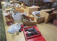 LOTS of items on table, drill, hardware, misc