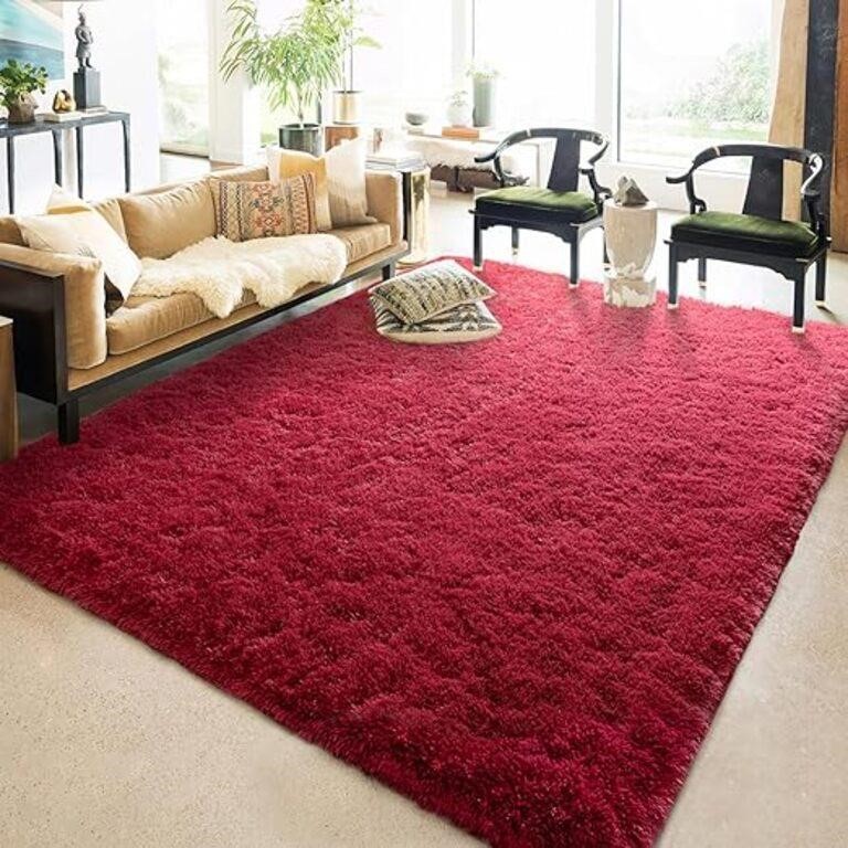 Wine Red Fluffy Area Rugs for Living Room