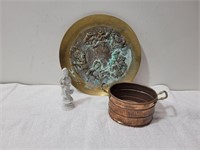 Brass Plate, Copper Pot and Porcelain Figurine