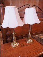 Pair brass table lamps with white shades, 29"