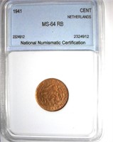 1941 Cent NNC MS64 RB Netherlands