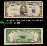 1953A $5 Blue Seal Silver Certificate Grades vf++