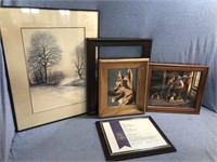 Wall Decor Lot With Wooden Framed Dog Painting &