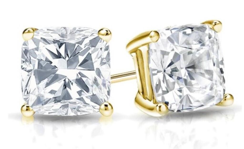 14kt Gold 3.05 ct Cushion Cut Lab Diamond Earrings